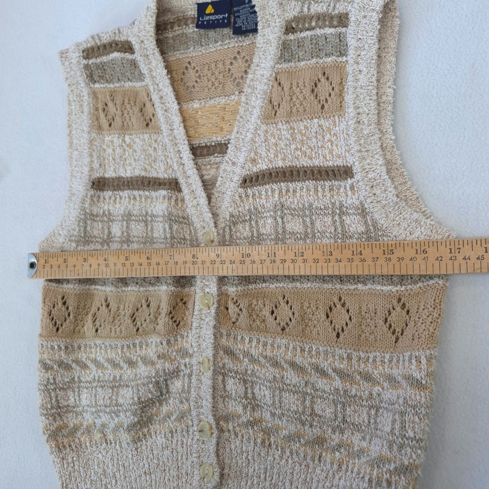 Lizsport Vintage 90s Knit Sweater Vest Tan Beige Petite Small Diamond Pointelle - Picture 8 of 9